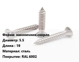 Саморез наконечник-сверло D=5.5 L=19 сталь RAL 6002